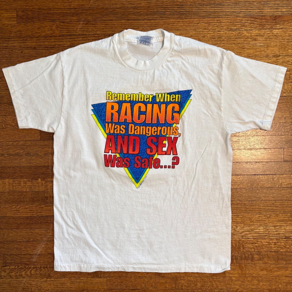 Vintage Hanes Beefy T Shirt Adult L Racing Dangerous Sex Safe‎ Graphic Tee